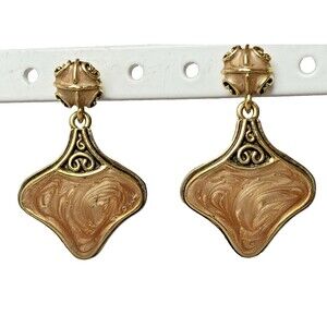 KK/ED Vintage Enamel Dangle Earrings Gold Tone Artisan Revival Pierced